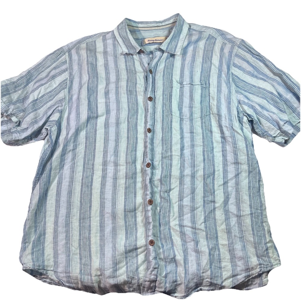 Tommy Bahama Shirt Mens XL Blue Striped 100%‎ Linen Button Up Short Sleeve EUC